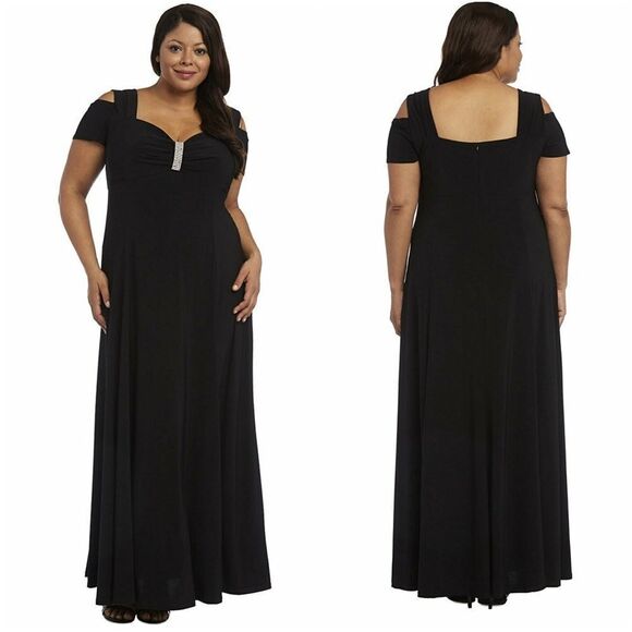 New! R&M RICHARDS Cold-Shoulder Gown Black Dress Plus Size Rhinestone Trim - Picture 1 of 8